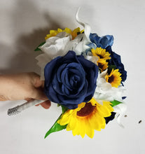 Load image into Gallery viewer, Navy Blue White Rose Sunflower Calla Lily Bridal Wedding Bouquet Accessories
