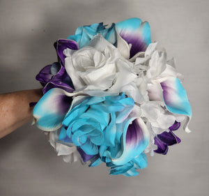 Purple Turquoise White Rose Orchid Bridal Wedding Bouquet Accessories
