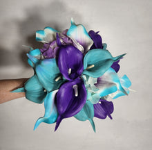 Load image into Gallery viewer, Purple Turquoise White Calla Lily Bridal Wedding Bouquet Accessories