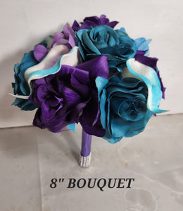Purple Teal Rose Calla Lily Bridal Wedding Bouquet Accessories
