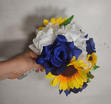 Load image into Gallery viewer, Royal Blue White Rose Sunflower Bridal Wedding Bouquet Accessories