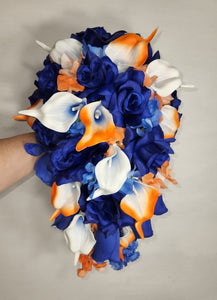 Orange Royal Blue Rose Calla Lily Bridal Wedding Bouquet Accessories