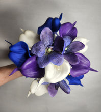 Load image into Gallery viewer, Peacock Royal Blue Purple Turquoise Ivory Calla Lily Orchid Bridal Wedding Bouquet Accessories