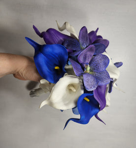 Peacock Royal Blue Purple Turquoise Ivory Calla Lily Orchid Bridal Wedding Bouquet Accessories