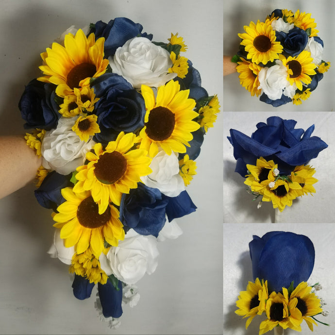 Navy Blue White Rose Sunflower Calla Lily Bridal Wedding Bouquet Accessories