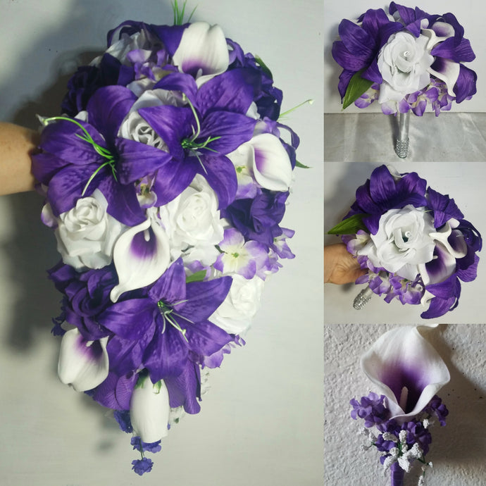 Purple White Rose Tiger Lily Bridal Wedding Bouquet Accessories
