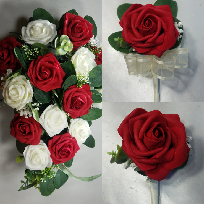 Red Ivory Rose Eucalyptus Faux Foam Bridal Wedding Bouquet Accessories
