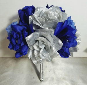 Royal Blue Silver White Rose Bridal Wedding Bouquet Accessories