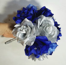 Load image into Gallery viewer, Royal Blue Silver White Rose Bridal Wedding Bouquet Accessories