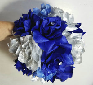 Royal Blue Silver White Rose Bridal Wedding Bouquet Accessories