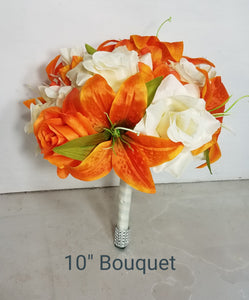 Orange Ivory Rose Tiger Lily Bridal Wedding Bouquet Accessories