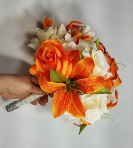 Orange Ivory Rose Tiger Lily Bridal Wedding Bouquet Accessories