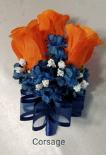 Load image into Gallery viewer, Orange Navy Blue Rose Calla Lily Bridal Wedding Bouquet Accessories