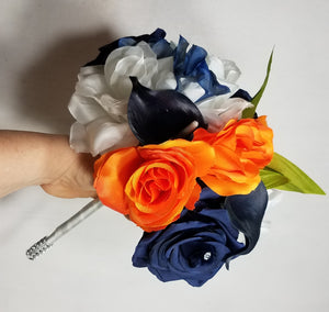 Orange Navy Blue Rose Calla Lily Bridal Wedding Bouquet Accessories