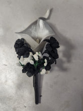 Load image into Gallery viewer, Silver Black White Rose Calla Lily Bridal Wedding Bouquet Accessories