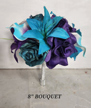 Load image into Gallery viewer, Teal Purple Rose Tiger Lily Bridal Wedding Bouquet Accessories