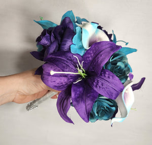 Teal Purple Rose Tiger Lily Bridal Wedding Bouquet Accessories