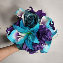 Load image into Gallery viewer, Purple Teal Rose Tiger Lily Bridal Wedding Bouquet Accessories