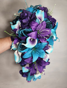 Purple Teal Rose Tiger Lily Bridal Wedding Bouquet Accessories