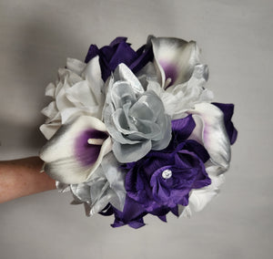Purple Silver White Rose Calla Lily Bridal Wedding Bouquet Accessories