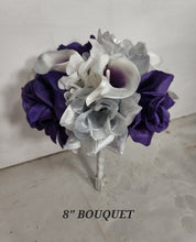 Load image into Gallery viewer, Purple Silver White Rose Calla Lily Bridal Wedding Bouquet Accessories