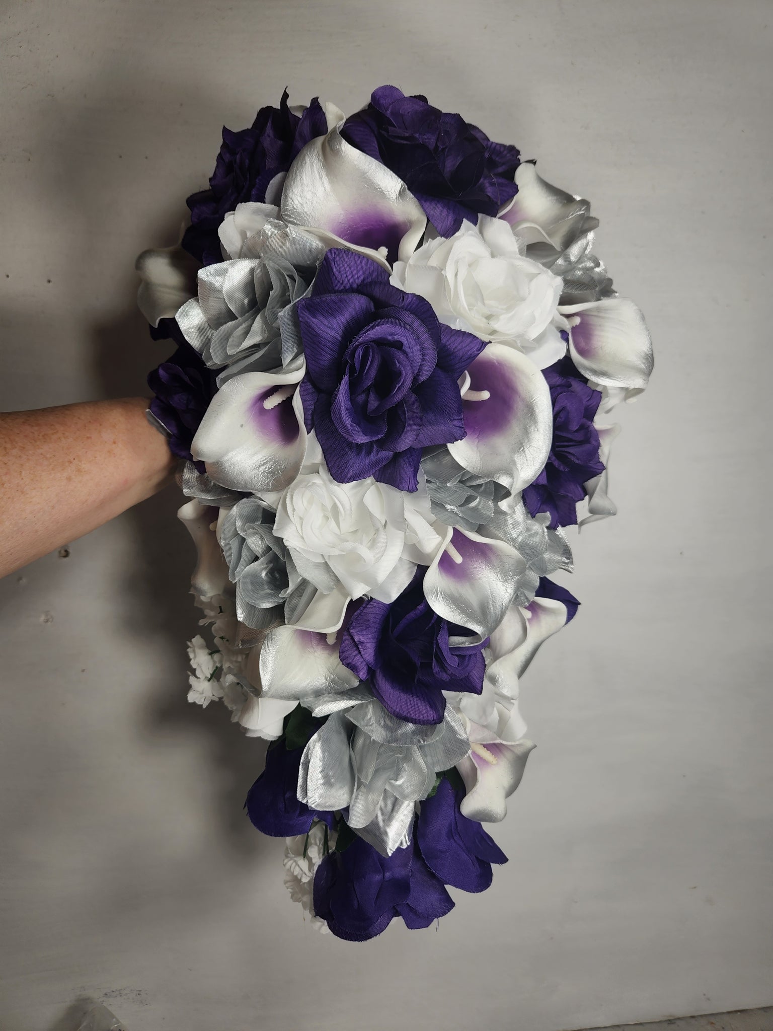 purple and white calla lily wedding bouquet Purple Silver White Rose Calla Lily Bridal Wedding Bouquet Accessories – Bridal Wedding Bouquets