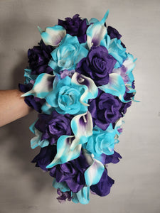 Turquoise Purple Rose Calla Lily Bridal Wedding Bouquet Accessories
