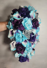 Load image into Gallery viewer, Turquoise Purple Eggplant Silver Rose Calla Lily Bridal Wedding Bouquet Accessories