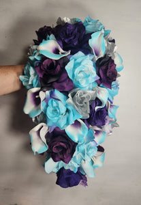 Turquoise Purple Eggplant Silver Rose Calla Lily Bridal Wedding Bouquet Accessories