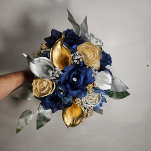 Navy Blue Silver Gold Rose Calla Lily Sola Wood Bridal Wedding Bouquet Accessories