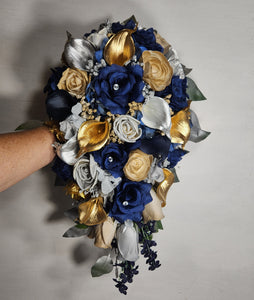 Navy Blue Silver Gold Rose Calla Lily Sola Wood Bridal Wedding Bouquet Accessories