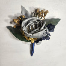 Load image into Gallery viewer, Navy Blue Silver Gold Rose Calla Lily Sola Wood Bridal Wedding Bouquet Accessories