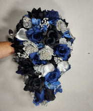 Load image into Gallery viewer, Navy Blue Black Silver Rose Calla Lily Real Touch Bridal Wedding Bouquet Accessories
