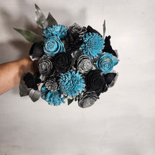 Load image into Gallery viewer, Turquoise Black Silver Rose Sola Wood Bridal Wedding Bouquet Accessories