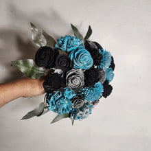 Load image into Gallery viewer, Turquoise Black Silver Vintage Sola Wood Flower Bridal Wedding Bouquet Accessories