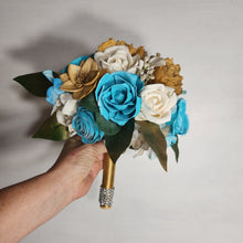 Load image into Gallery viewer, Turquoise Ivory Gold Rose Sola Wood Bridal Wedding Bouquet Accessories