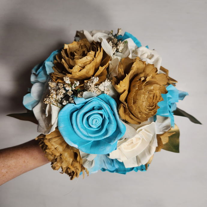Turquoise Ivory Gold Rose Sola Wood Bridal Wedding Bouquet Accessories