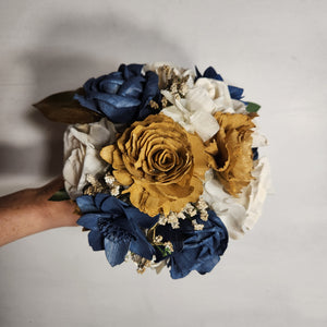 Navy Blue Ivory Gold Rose Sola Wood Bridal Wedding Bouquet Accessories