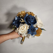 Load image into Gallery viewer, Navy Blue Ivory Gold Rose Sola Wood Bridal Wedding Bouquet Accessories