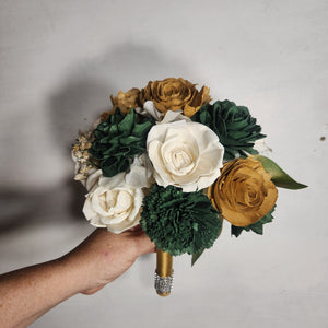 Hunter Green Ivory Gold Rose Sola Wood Bridal Wedding Bouquet Accessories