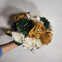 Load image into Gallery viewer, Hunter Green Ivory Gold Rose Sola Wood Bridal Wedding Bouquet Accessories
