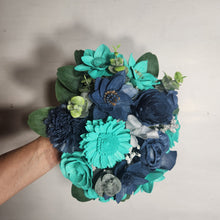 Load image into Gallery viewer, Aqua Navy Blue Rose Sola Wood Bridal Wedding Bouquet Accessories