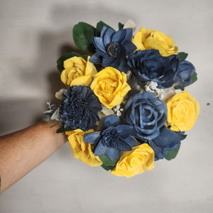 Navy Blue Yellow Vintage Sola Wood Bridal Wedding Bouquet Accessories