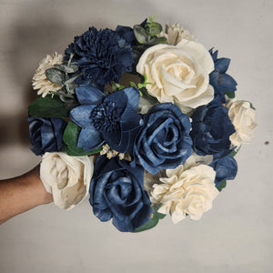 Navy Blue Ivory Rose Sola Wood Bridal Wedding Bouquet Accessories