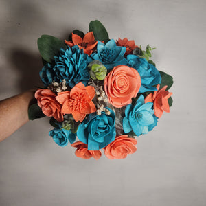 Coral Teal Rose Sola Wood Bridal Wedding Bouquet Accessories