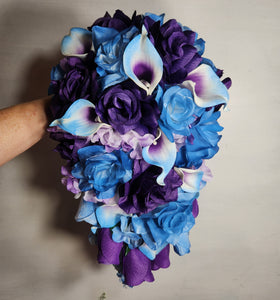 Light Blue Purple Rose Calla Lily Bridal Wedding Bouquet Accessories