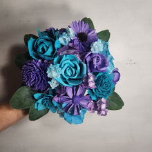Load image into Gallery viewer, Purple Teal Rose Call Lily Sola Wood Bridal Wedding Bouquet Accessories