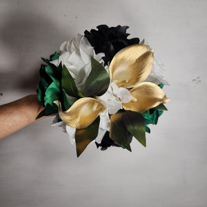 Emerald Green Black Gold White Rose Calla Lily Bridal Wedding Bouquet Accessories