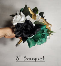 Load image into Gallery viewer, Emerald Green Black Gold White Rose Calla Lily Bridal Wedding Bouquet Accessories