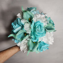 Load image into Gallery viewer, Aqua Tiffany White Rose Calla Lily Bridal Wedding Bouquet Accessories